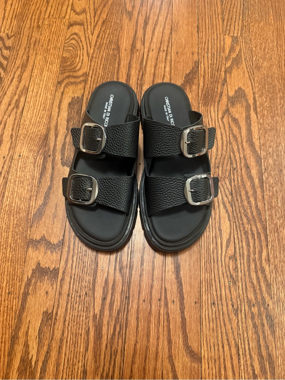 Christian Di Riccio Black Leather Double-Buckle Slide Sandals for Women